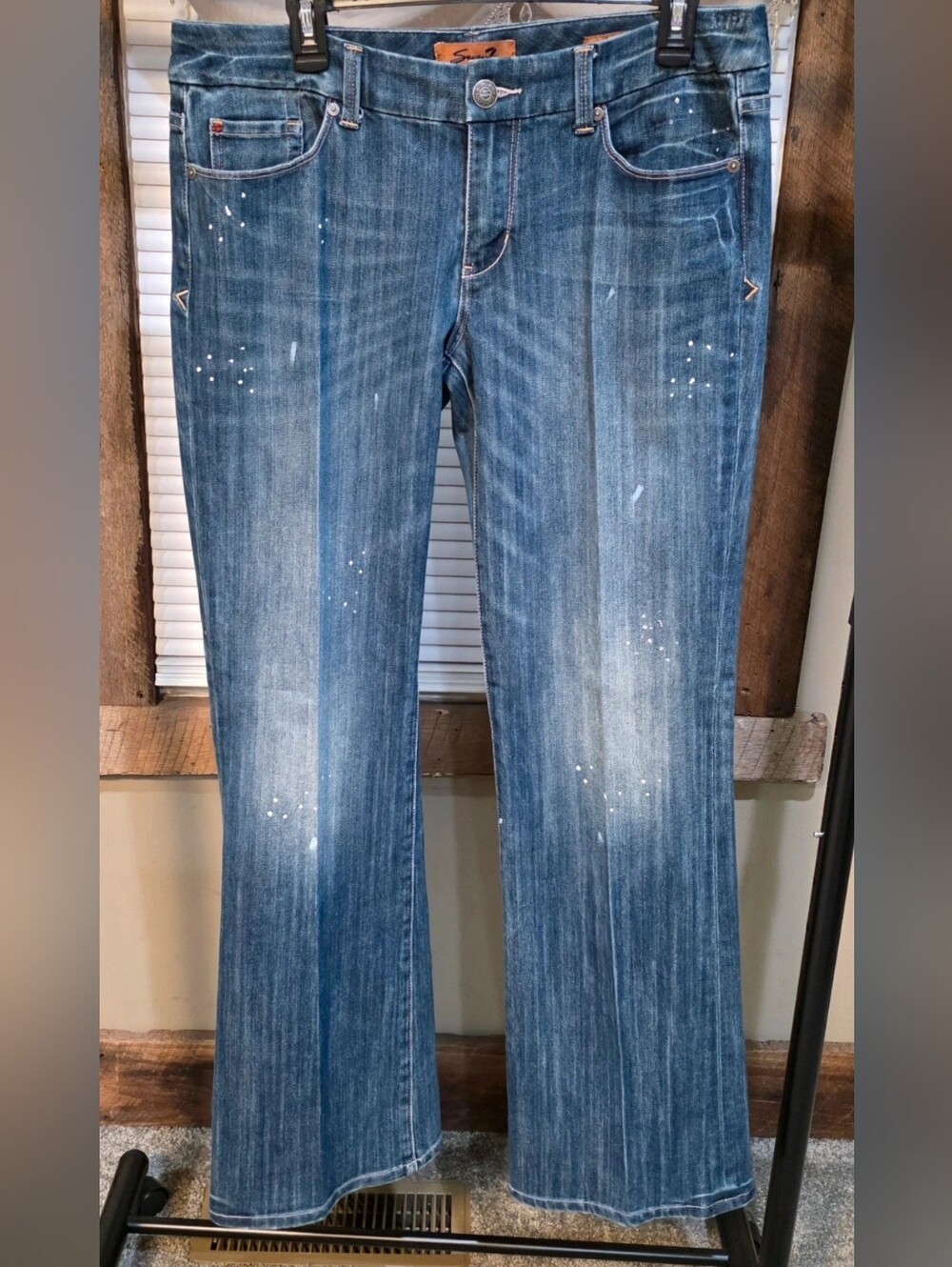 Seven7 Women's Straight-Leg Jeans in Washed Blue with Paint-Splatter
